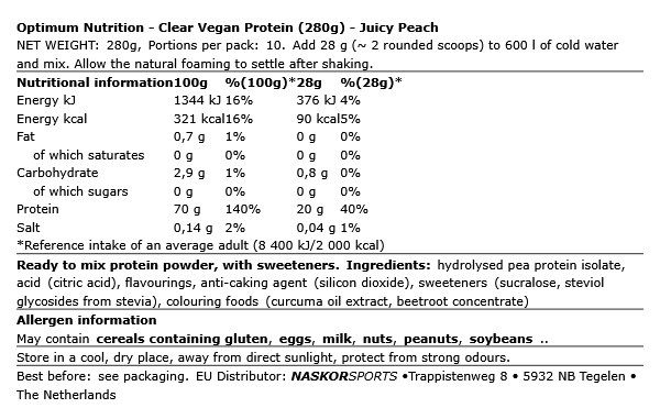 OPTIMUM NUTRITION - CLEAR VEGAN PROTEIN - JUICY PEACH - 280 G OPTIMUM NUTRITION - CLEAR VEGAN PROTEIN - JUICY PEACH - 280 G
