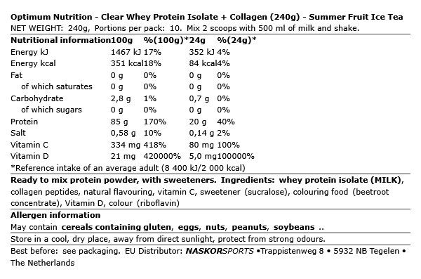 OPTIMUM NUTRITION - CLEAR WHEY PROTEIN ISOLATE + COLLAGEN - 240 G