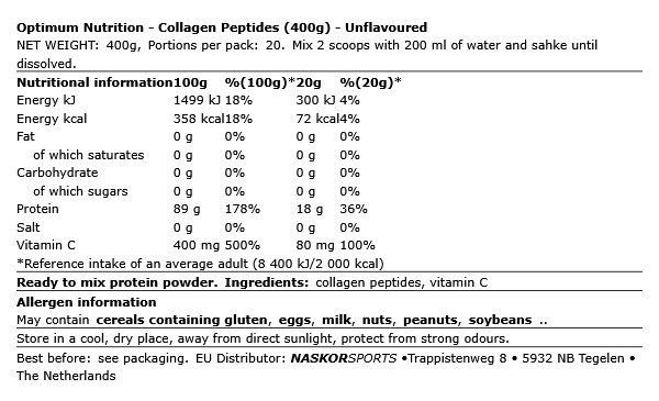 OPTIMUM NUTRITION - COLLAGEN PEPTIDES - ÍZESÍTETLEN - 400 G