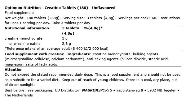 OPTIMUM NUTRITION - CREATINE TABLETS - 180 TABLETTA