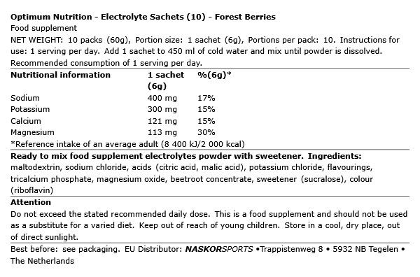 OPTIMUM NUTRITION - ELECTROLYTE SACHETS - FOREST BERRIES - 10 CSOMAG