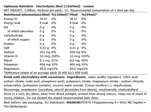 OPTIMUM NUTRITION - ELECTROLYTES SHOT - LEMON - 12 X 99 ML