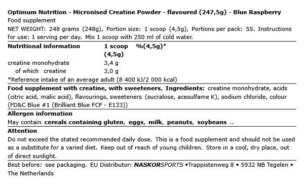 OPTIMUM NUTRITION - MICRONISED CREATINE POWDER - FLAVOURED - 247,5 G