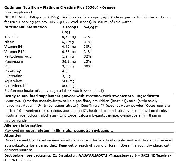 OPTIMUM NUTRITION - PLATINUM CREATINE PLUS - 350 G