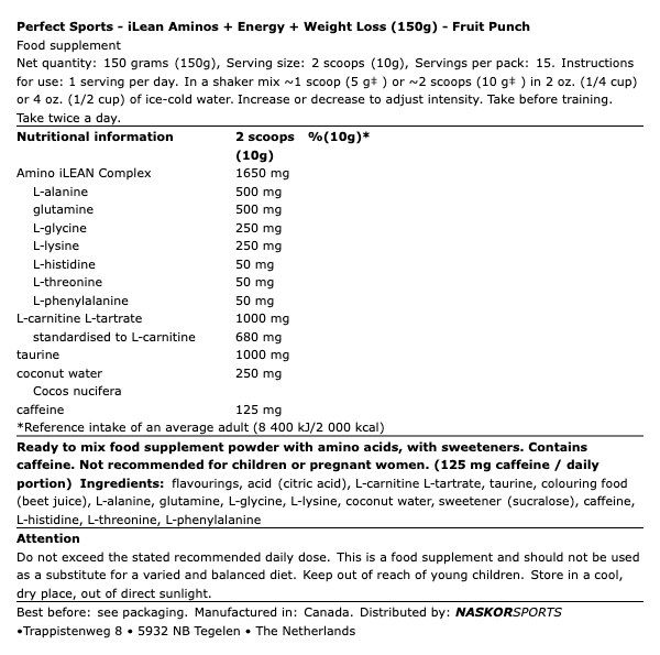 PERFECT SPORTS - ILEAN AMINOS + ENERGY + WEIGHT LOSS - 150 G