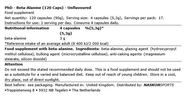 PHD NUTRITION - BETA-ALANINE - 120 KAPSZULA