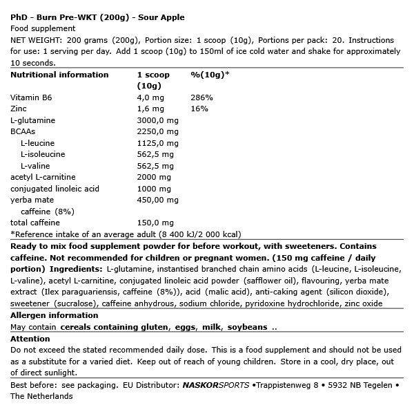 PHD NUTRITION - BURN PRE-WKT - 200 G