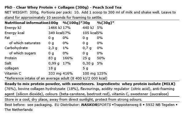 PHD NUTRITION - CLEAR WHEY PROTEIN + COLLAGEN - 300 G PHD NUTRITION - CLEAR WHEY PROTEIN + COLLAGEN - 300 G