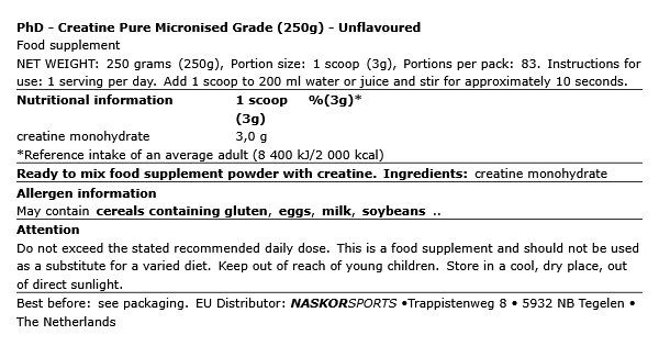 PHD NUTRITION - CREATINE PURE MICRONISED GRADE - ÍZESÍTETLEN - 250 G PHD NUTRITION - CREATINE PURE MICRONISED GRADE - ÍZESÍTETLEN - 250 G