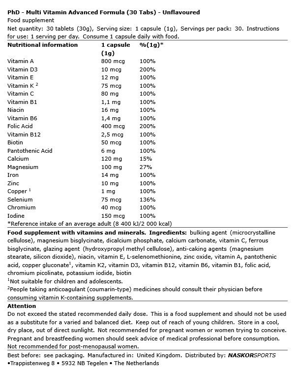 PHD NUTRITION - MULTI VITAMIN ADVANCED FORMULA - 30 TABLETTA