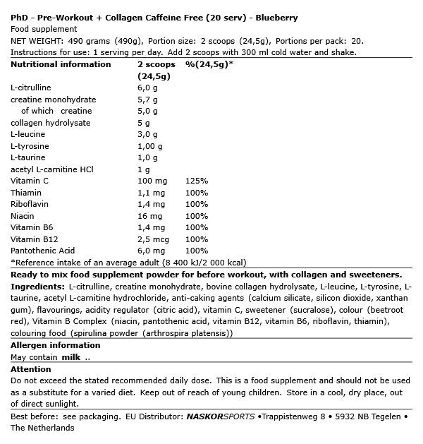 PHD NUTRITION - PRE-WORKOUT + COLLAGEN CAFFEINE FREE - BLUEBERRY - 490 G
