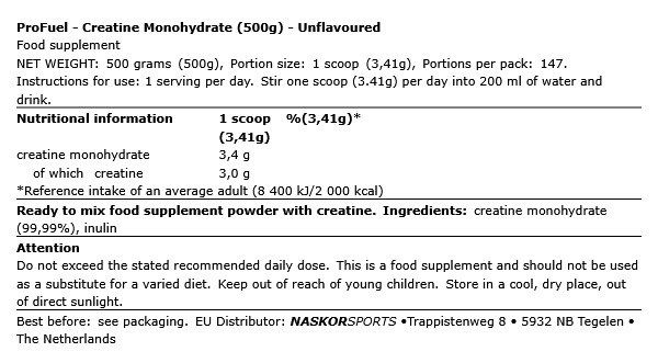 PROFUEL - CREATINE MONOHYDRATE - ÍZESÍTETLEN - 500 G