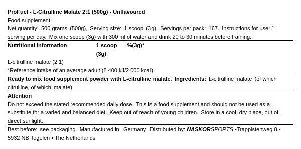 PROFUEL - L-CITRULLINE MALATE 2:1 - ÍZESÍTETLEN - 500 G