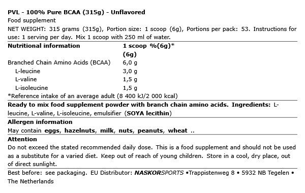 PVL - 100% PURE BCAA - ÍZESÍTETLEN - 315 G PVL - 100% PURE BCAA - ÍZESÍTETLEN - 315 G