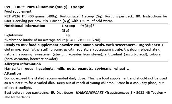 PVL - 100% PURE GLUTAMINE - ORANGE - 400 G PVL - 100% PURE GLUTAMINE - ORANGE - 400 G