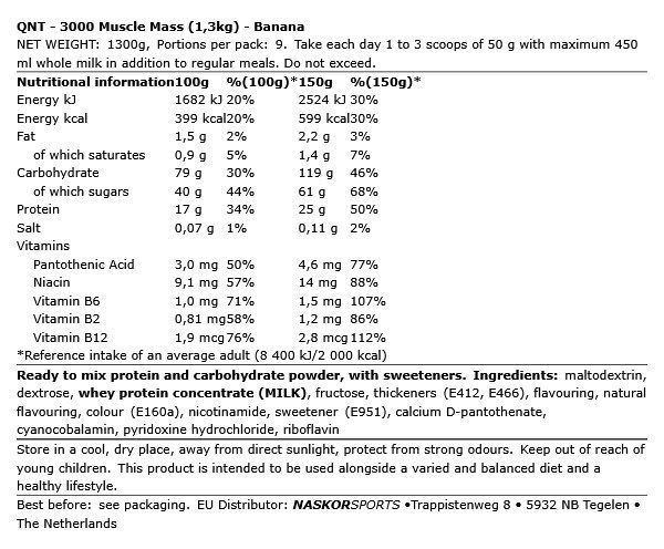 QNT SPORT - 3000 MUSCLE MASS - 1,3 KG