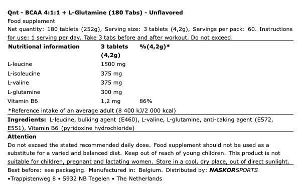 QNT SPORT - BCAA 4:1:1 + L-GLUTAMINE - 180 TABLETTA