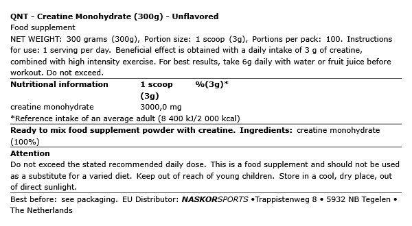 QNT SPORT - CREATINE MONOHYDRATE - ÍZESÍTETLEN - 300 G QNT SPORT - CREATINE MONOHYDRATE - ÍZESÍTETLEN - 300 G