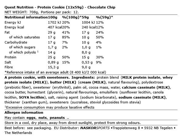 QUEST NUTRITION - PROTEIN COOKIE - 12 X 59 G QUEST NUTRITION - PROTEIN COOKIE - 12 X 59 G