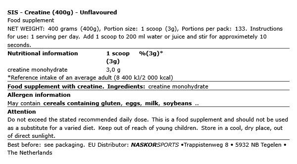 SIS - CREATINE - ÍZESÍTETLEN - 400 G SIS - CREATINE - ÍZESÍTETLEN - 400 G