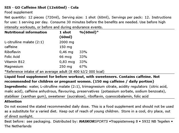 SIS - GO CAFFEINE SHOT - COLA - 12 X 60 ML SIS - GO CAFFEINE SHOT - COLA - 12 X 60 ML