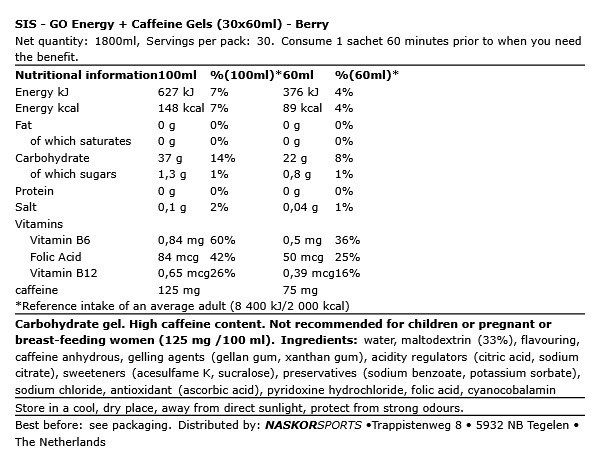 SIS - GO ENERGY + CAFFEINE GELS - 30 X 60 ML