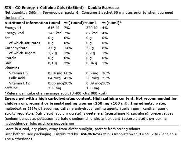 SIS - GO ENERGY + CAFFEINE GELS - 6 X 60 ML