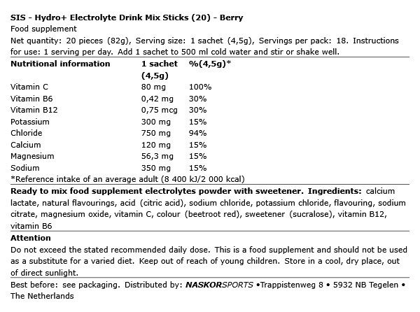 SIS - HYDRO+ ELECTROLYTE DRINK MIX STICKS - 20 DB SIS - HYDRO+ ELECTROLYTE DRINK MIX STICKS - 20 DB