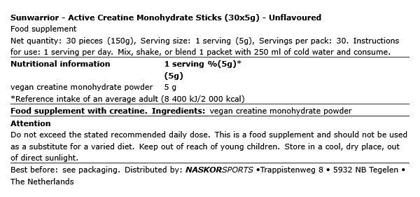 SUNWARRIOR - ACTIVE CREATINE MONOHYDRATE STICKS - 30 X 5 G
