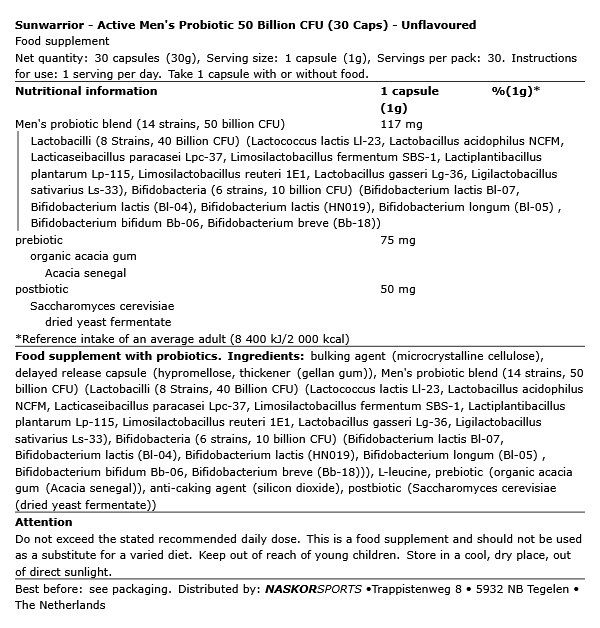 SUNWARRIOR - ACTIVE MEN'S PROBIOTIC 50 BILLION CFU - 30 KAPSZULA