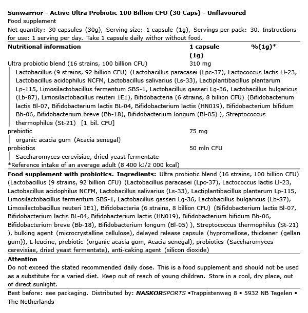 SUNWARRIOR - ACTIVE ULTRA PROBIOTIC 100 BILLION CFU - 30 KAPSZULA