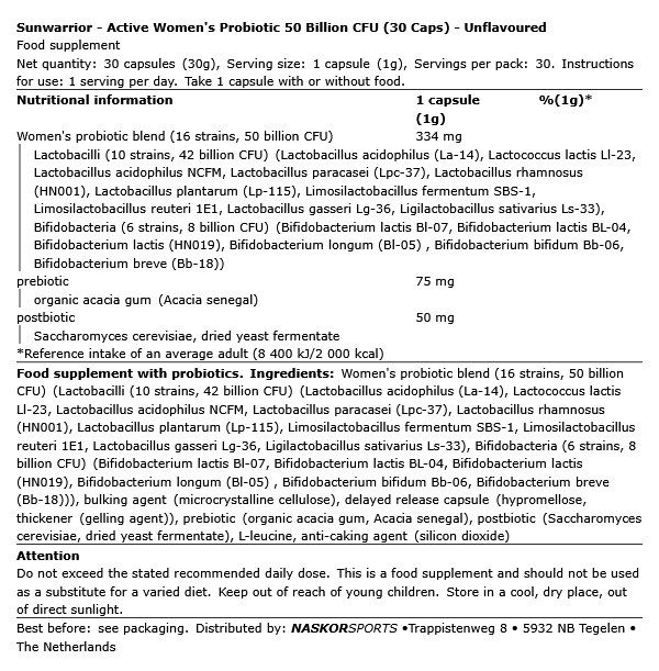 SUNWARRIOR - ACTIVE WOMEN'S PROBIOTIC 50 BILLION CFU - 30 KAPSZULA