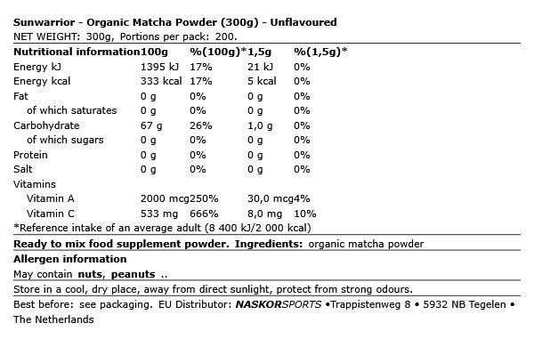 SUNWARRIOR - ORGANIC MATCHA POWDER - ÍZESÍTETLEN - 300 G