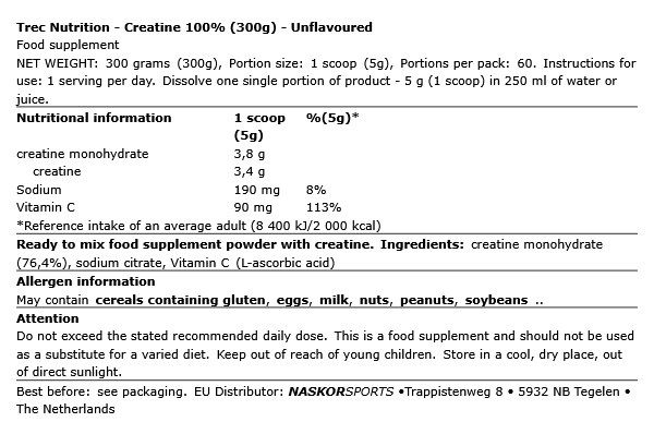TREC NUTRITION - CREATINE 100% - ÍZESÍTETLEN - 300 G TREC NUTRITION - CREATINE 100% - ÍZESÍTETLEN - 300 G