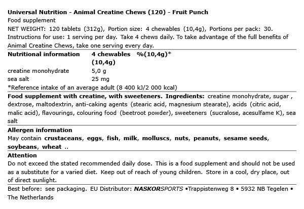 UNIVERSAL - ANIMAL CREATINE CHEWS - 120 TABLETTA