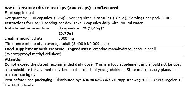 VAST - CREATINE ULTRA PURE - 300 KAPSZULA