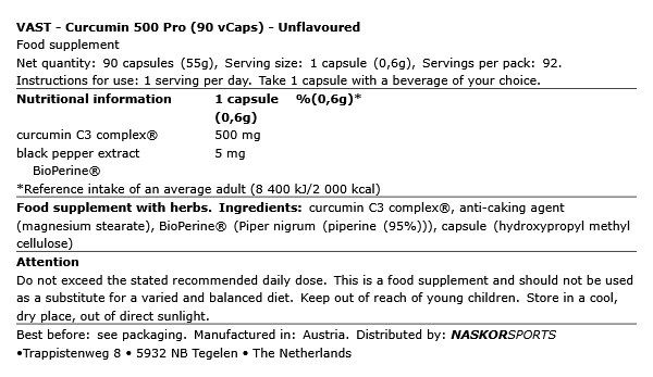 VAST - CURCUMIN 500 PRO - 90 KAPSZULA