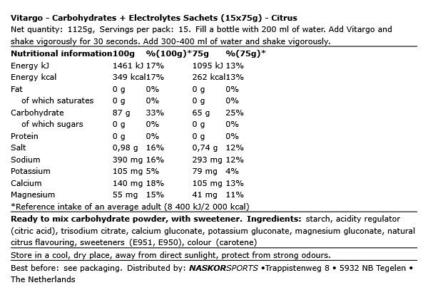 VITARGO - CARBOHYDRATES + ELECTROLYTES SACHETS - 15 X 75 G