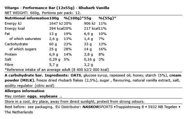 VITARGO - PERFORMANCE BAR - RHUBARB VANILLA - 12 X 55 G VITARGO - PERFORMANCE BAR - RHUBARB VANILLA - 12 X 55 G