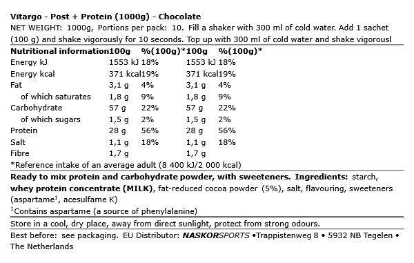 VITARGO - POST + PROTEIN - CHOCOLATE - 1000 G VITARGO - POST + PROTEIN - CHOCOLATE - 1000 G