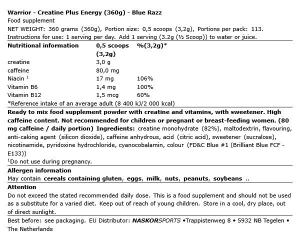 WARRIOR - CREATINE PLUS ENERGY - 360 G WARRIOR - CREATINE PLUS ENERGY - 360 G