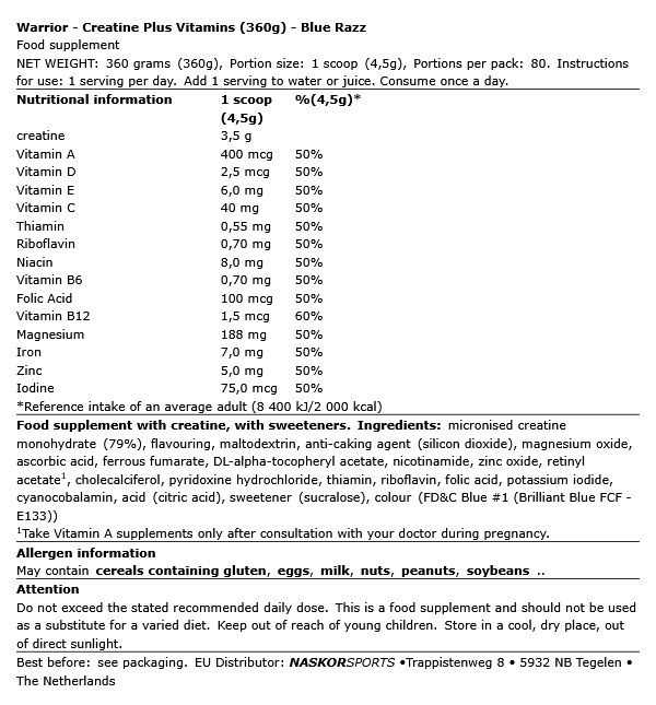 WARRIOR - CREATINE PLUS VITAMINS - 360 G WARRIOR - CREATINE PLUS VITAMINS - 360 G