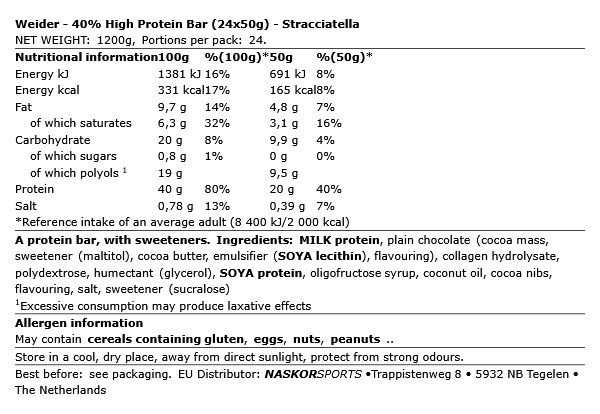WEIDER - 40% HIGH PROTEIN BAR - 24 X 50 G