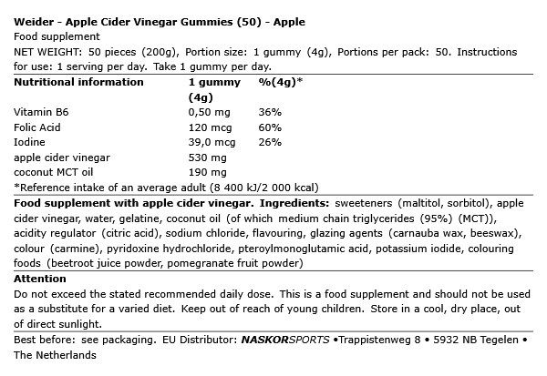 WEIDER - APPLE CIDER VINEGAR GUMMIES - 50 DB WEIDER - APPLE CIDER VINEGAR GUMMIES - 50 DB