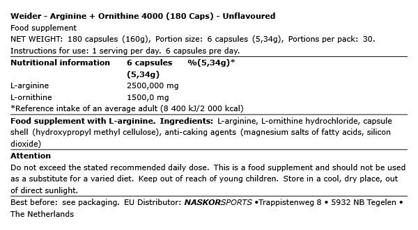 WEIDER - ARGININE + ORNITHINE 4000 - 180 KAPSZULA