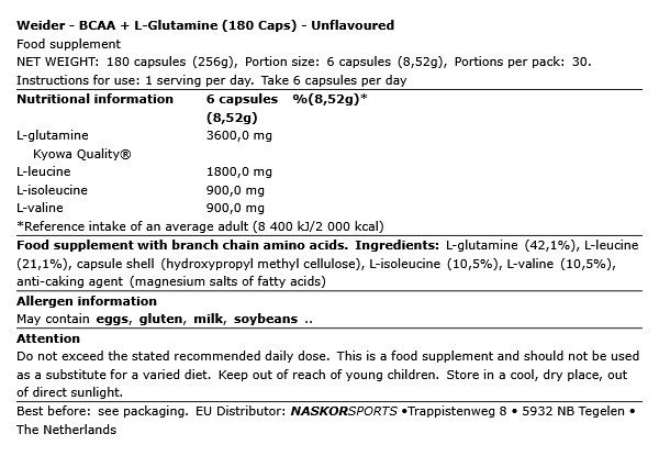 WEIDER - BCAA + L-GLUTAMINE - 180 KAPSZULA WEIDER - BCAA + L-GLUTAMINE - 180 KAPSZULA