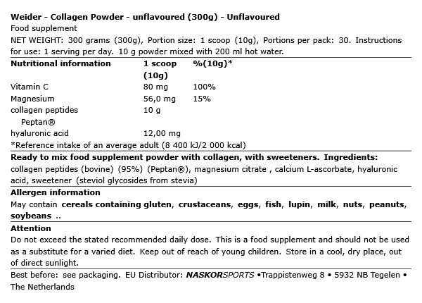 WEIDER - COLLAGEN POWDER - UNFLAVOURED - 300 G WEIDER - COLLAGEN POWDER - UNFLAVOURED - 300 G