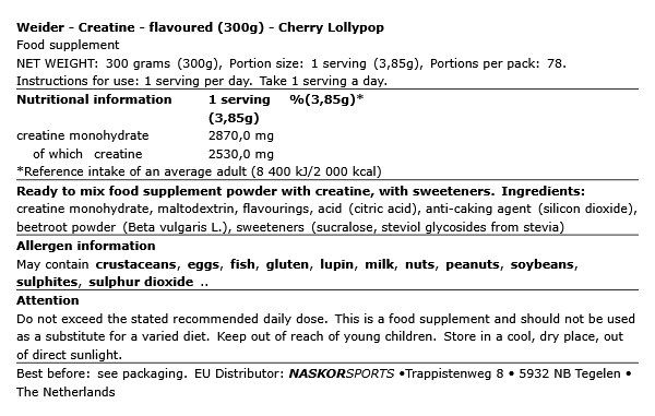 WEIDER - CREATINE - FLAVOURED - CHERRY LOLLYPOP - 300 G WEIDER - CREATINE - FLAVOURED - CHERRY LOLLYPOP - 300 G
