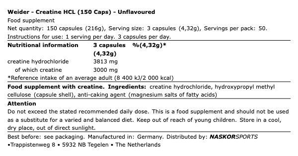 WEIDER - CREATINE HCL - 150 KAPSZULA