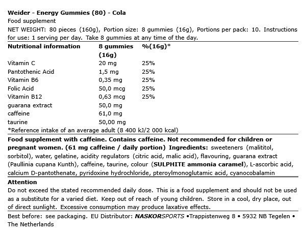 WEIDER - ENERGY GUMMIES - COLA - 80 DB WEIDER - ENERGY GUMMIES - COLA - 80 DB
